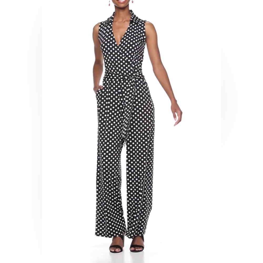 Nina Leonard Navy Polka Dot Jumpsuit